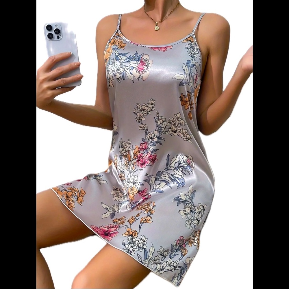 Silver & Multi-Colored, Floral, Night Slip - Picture 2 of 6
